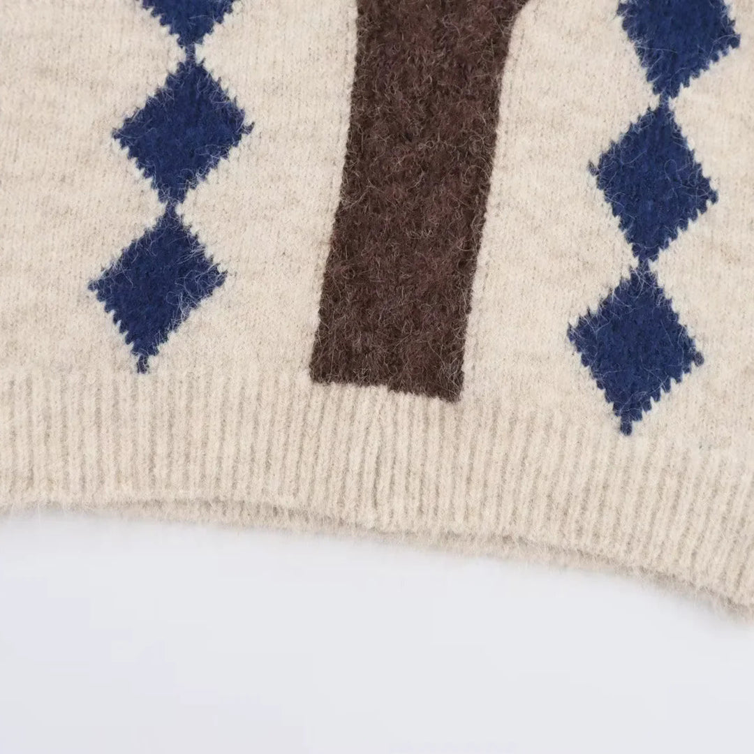 Damen Argyle-Strickweste mit V-Ausschnitt und flauschiger Mohair-Optik Echoarchiv
