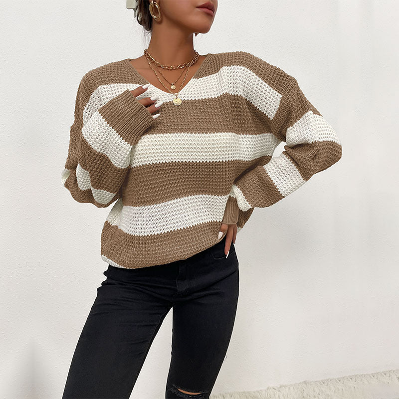 Damen Gestreifter Strickpullover mit V‑Ausschnitt und lässiger Oversize‑Passform Echoarchiv