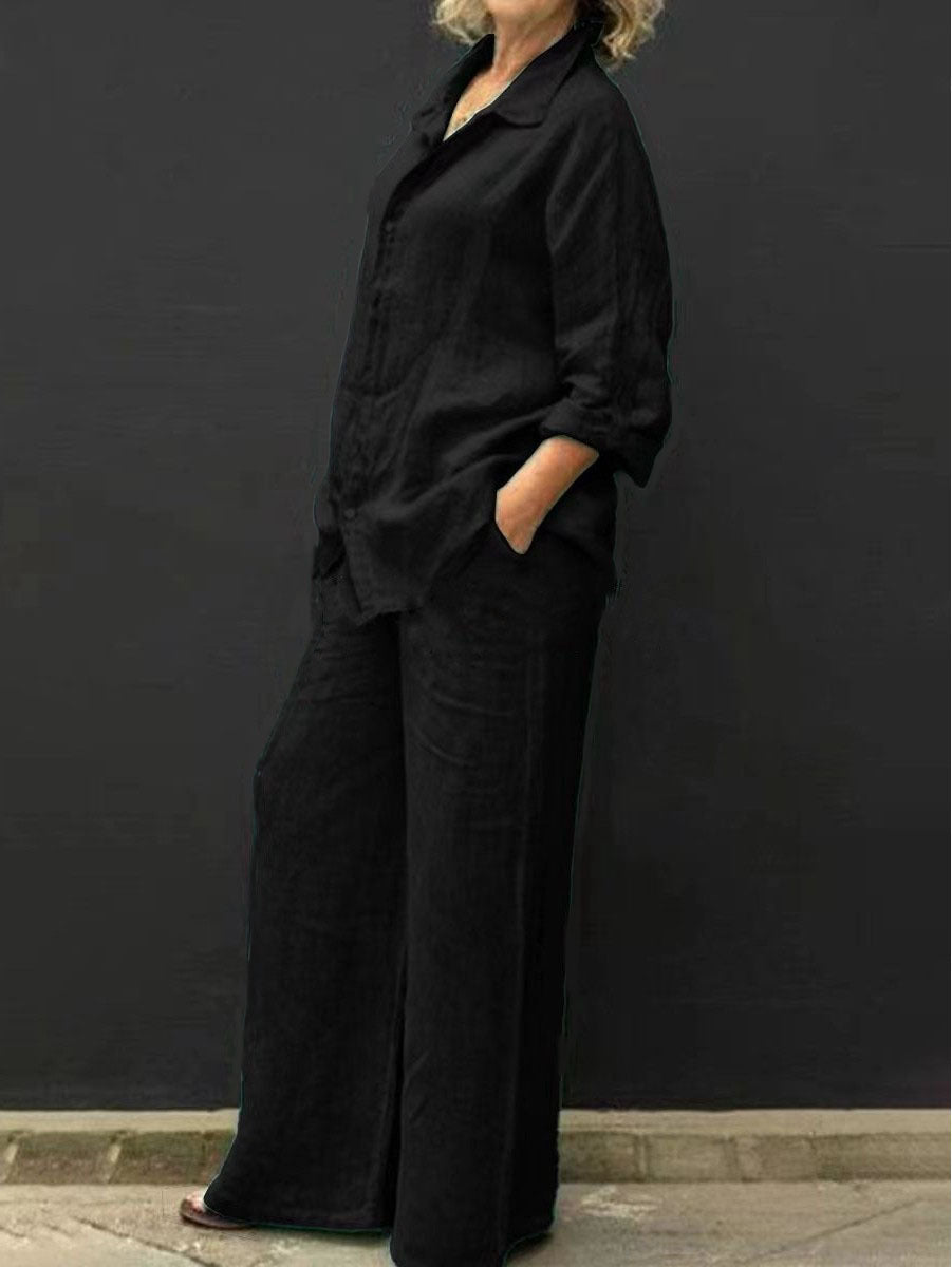 Damen Entspanntes Leinen-Set mit Oversize-Hemd und weiter Palazzo-Hose Echo Archiv
