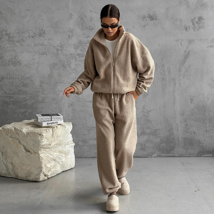 Damen Teddy-Fleece-Loungewear Set mit halbem Reißverschluss elastischem Tunnelzugbund und weitem Bein – Auréline