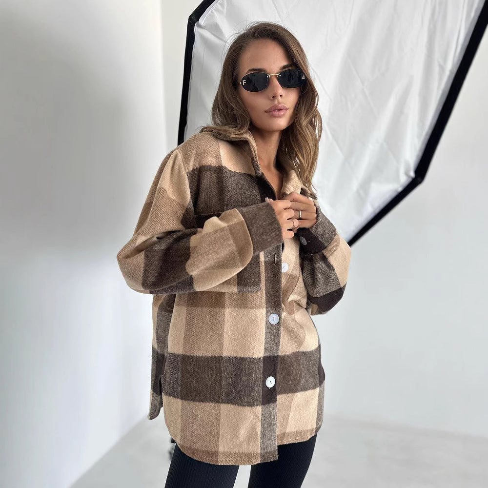 Damen Karierter Overshirt im Shacket-Stil mit Saumtaschen und Knopfverschluss Echoarchiv