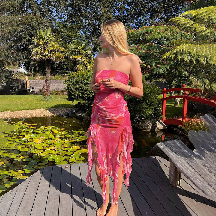 Damen elegantes Rüschenkleid mit trägerlosem Oberteil und asymmetrischem Saum Echo Archiv
