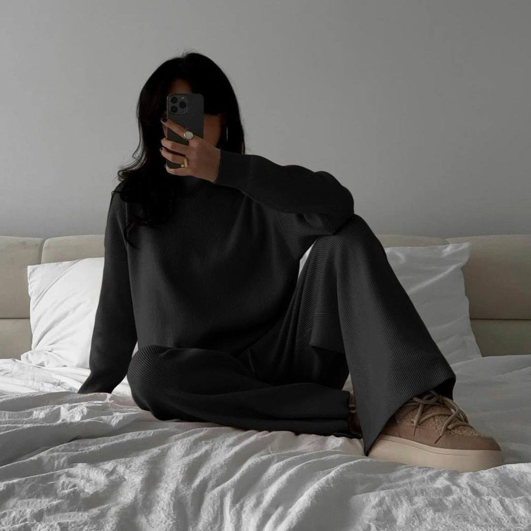 Damen Feiner Rippstrick-Loungewear-Set mit Stehkragen, Seitenschlitzen und hoher Taille – Mavelle