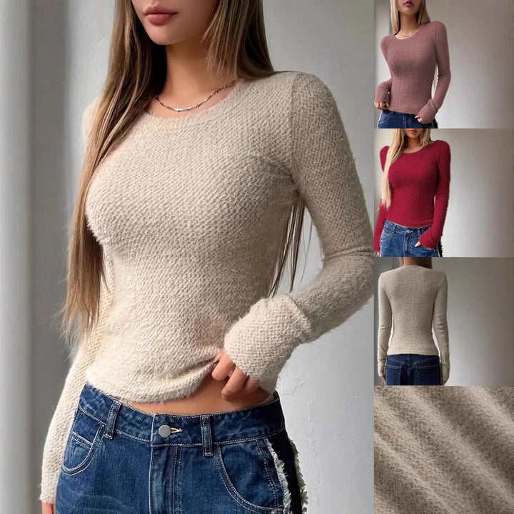 Damen Enganliegendes Flauschiges Feinstrick-Langarmshirt mit Rundhalsausschnitt – Avérine