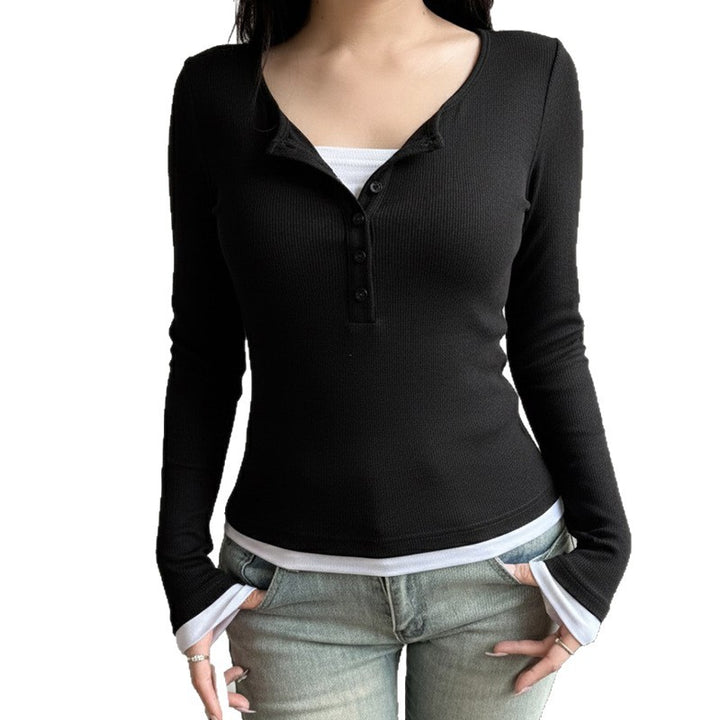 Damen nan tailliertes Henley-Crop-Longsleeve mit kontrastierenden Saum- und Ärmelbündchen Echo Archiv