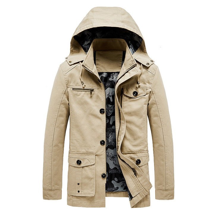 Herren Kapuzen-Canvas-Fieldjacke mit Camouflage-Innenfutter, Multifunktions‑Taschen und Reißverschluss‑Knopfleiste Echoarchiv