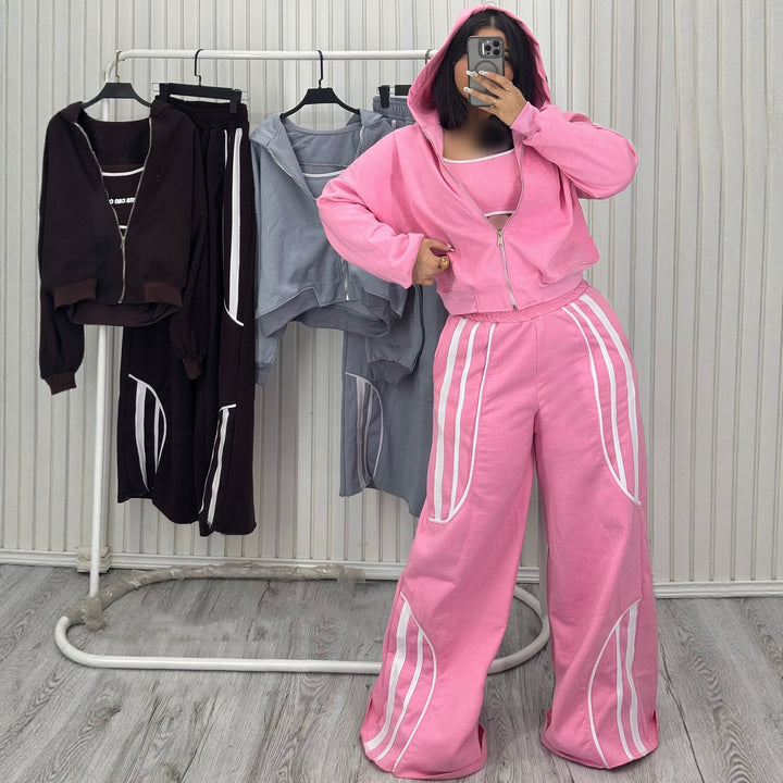 Damen Oversize Kapuzen-Sweatjacke mit Reißverschluss und weitem Trackpant-Set – Auréline