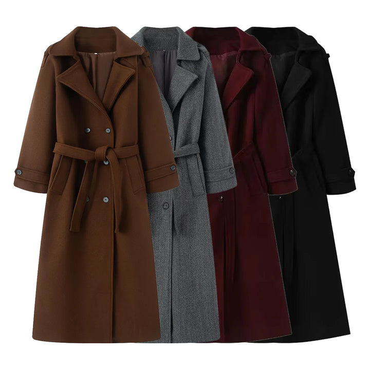 Damen langer Wollmix-Trenchcoat mit Schalkragen Taillengürtel und doppelreihiger Knopfleiste – Montévia