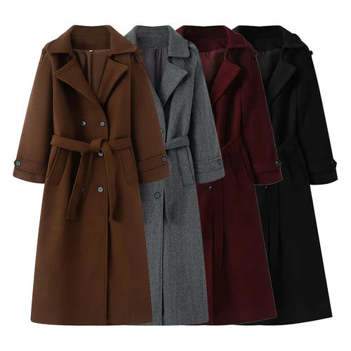 Damen langer Wollmix-Trenchcoat mit Schalkragen Taillengürtel und doppelreihiger Knopfleiste – Montévia
