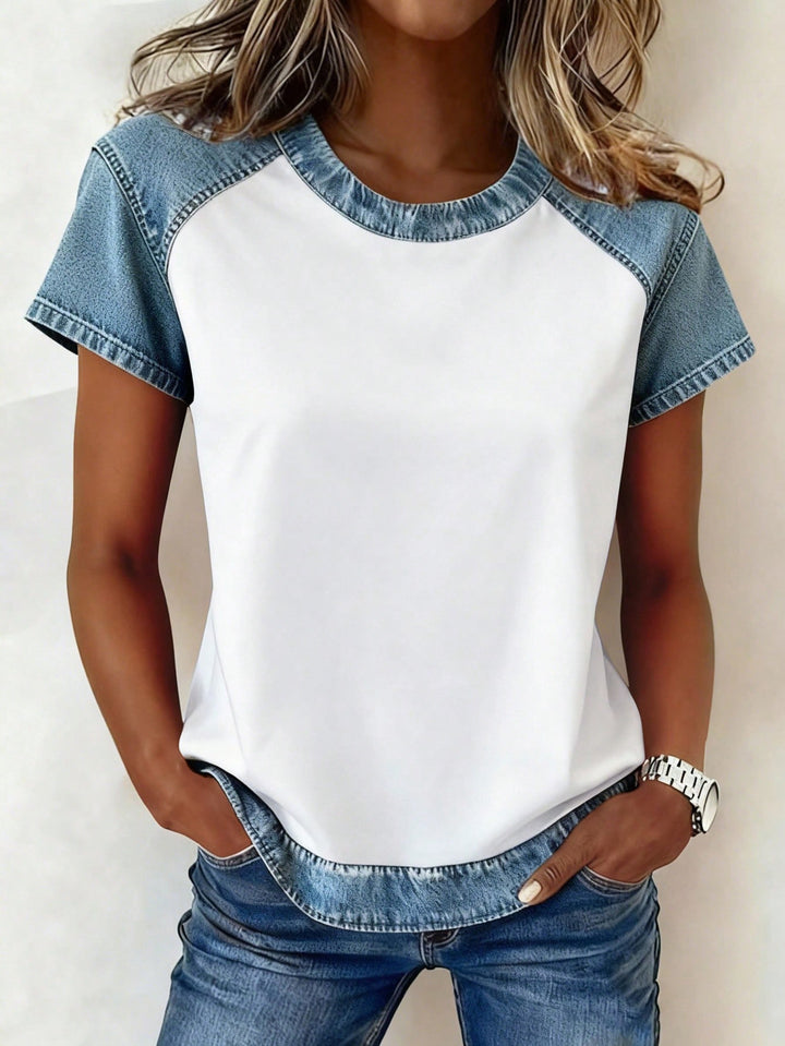 Damen Kurzarmshirt mit Jeans-Einsätzen und Teddy-Patchprint Echo Archiv