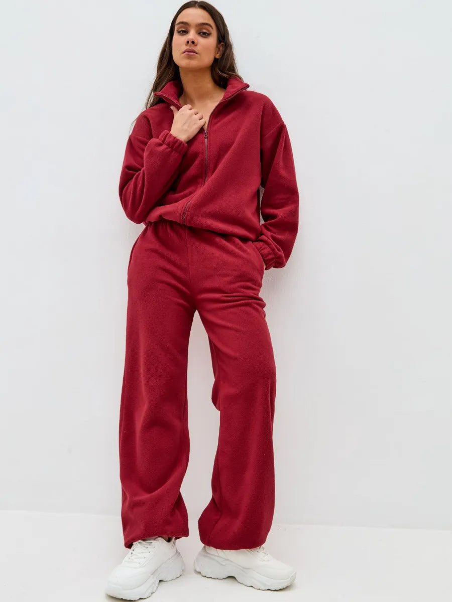 Damen Komfortables Fleece-Loungewear-Set mit kurzem Zip-Top und weiter High-Waist-Hose – Auréline