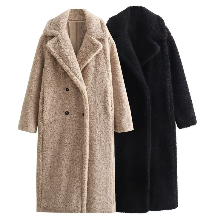 Damen 900+ langer Teddy‑Mantel im Oversize‑Cut mit Doppelreihe, Reverskragen und wärmender Innenfutter Echo Archiv