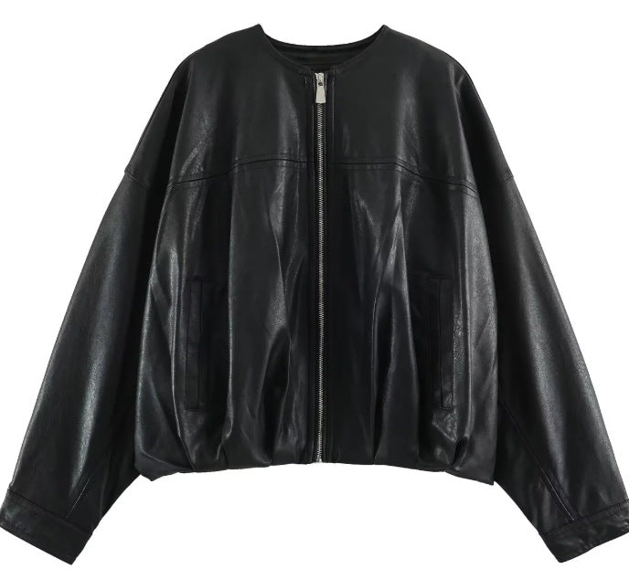 Damen Weit geschnittene Cropped-Bomberjacke aus Kunstleder mit Rundhalsausschnitt Echo Archiv