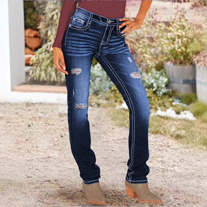 Damen Sculpting‑Straight‑Denim mit kontrastierender Nahtführung und Destroyed‑Details Echo Archiv