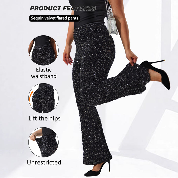 Damen Glamouröse Pailletten-Flared-Hose mit hohem Bund und Stretch echoarchiv-