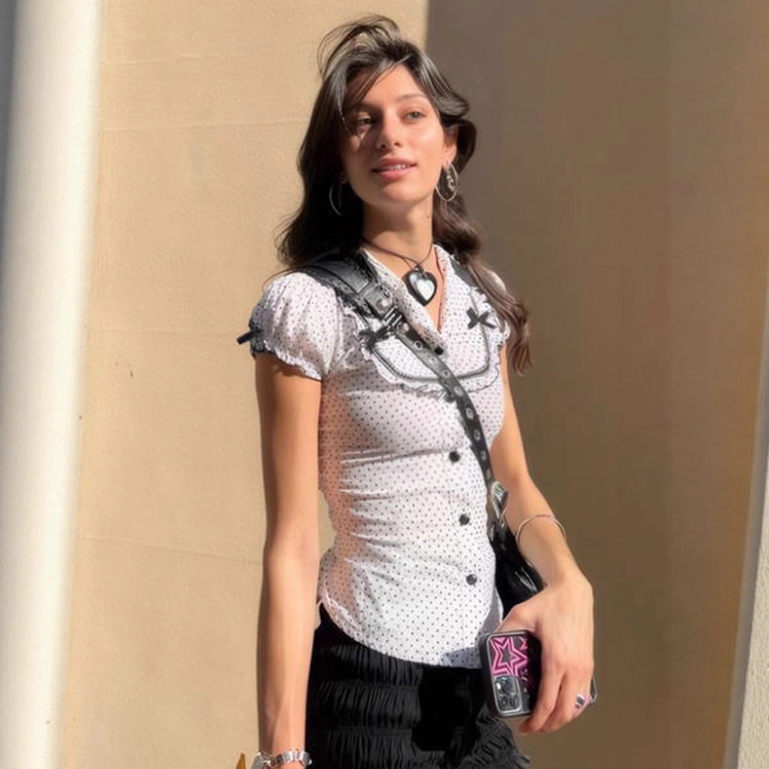 Damen Vintage Polka Dot Bluse mit Puffärmeln Echo Archiv
