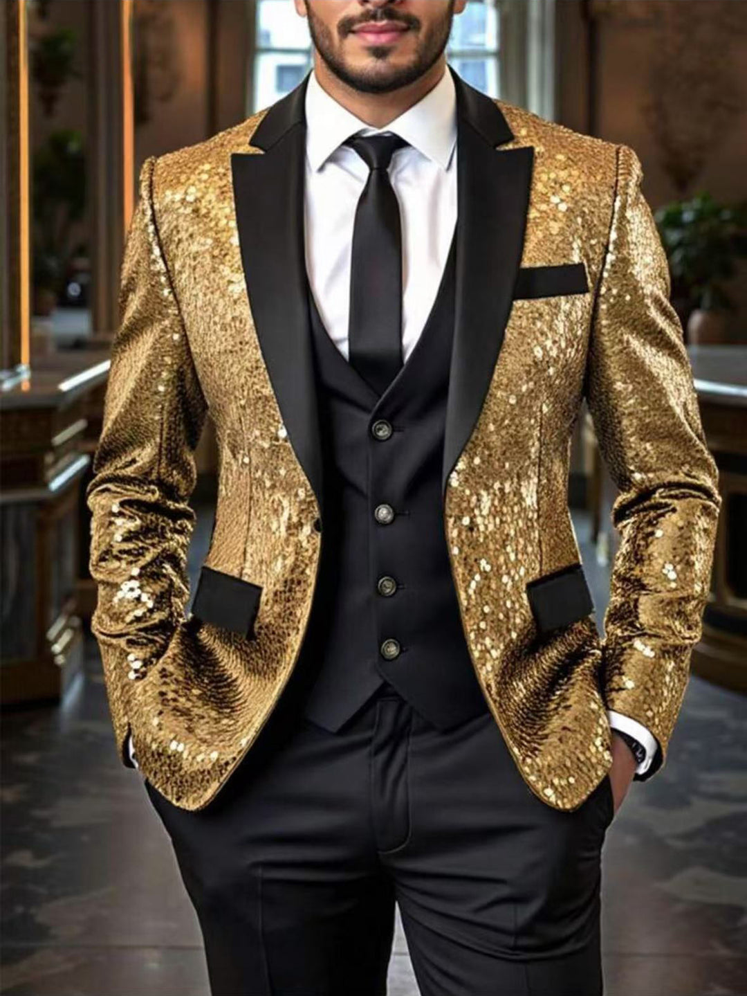 Herren Pailletten‑Sakko mit Satin‑Schalkragen und tailliertem Schnitt Echo Archiv