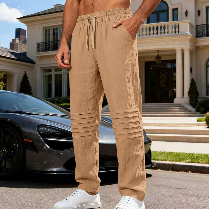 Herren Leinenoptik-Loungehose mit Tunnelzug elastischem Bund und abgesteppten Kniepanelen – Sorevano