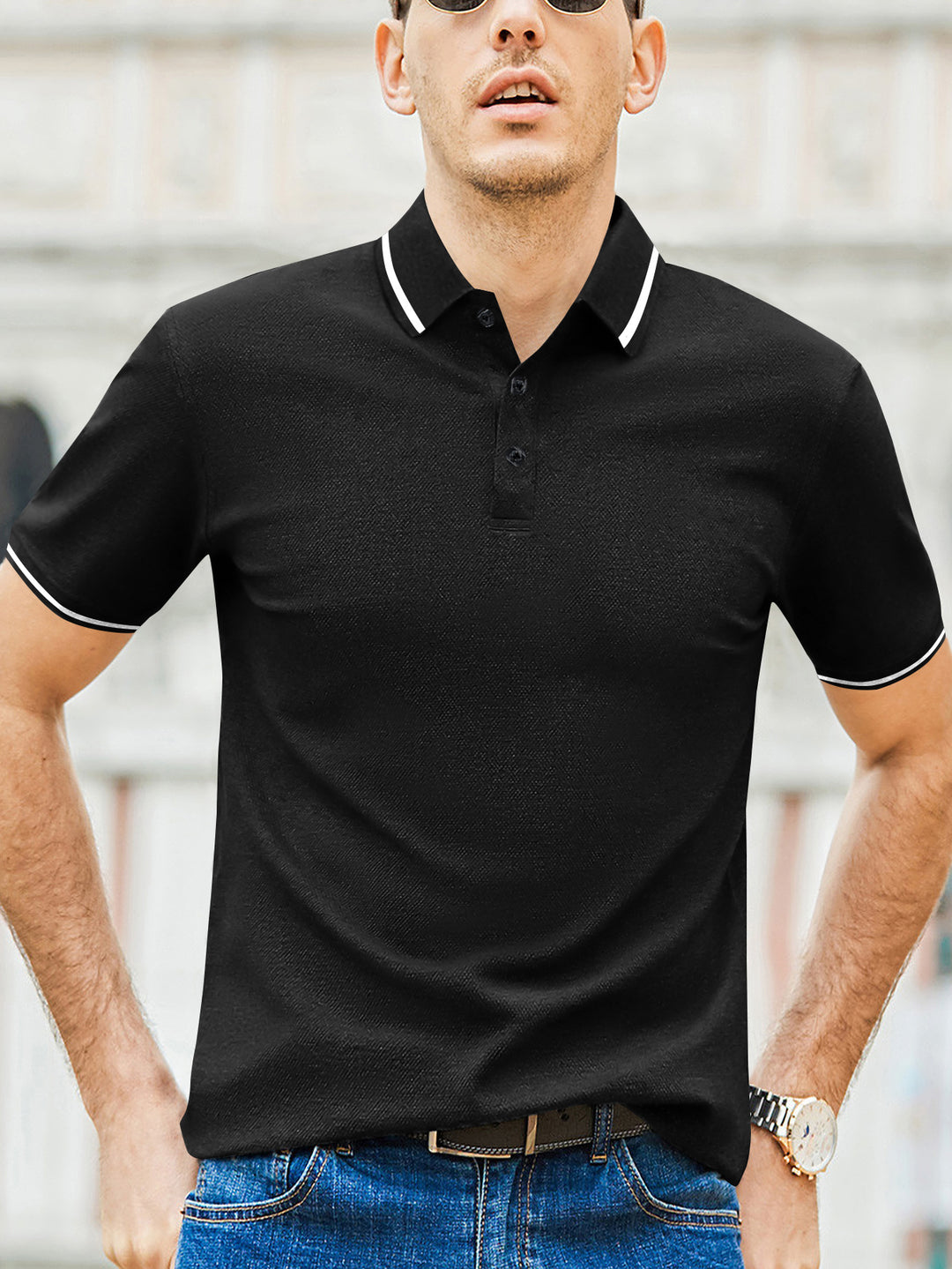 Herren Kurzarm-Polohemd mit modernem Bicolor-Kragen und atmungsaktiver Baumwollqualität Echoarchiv