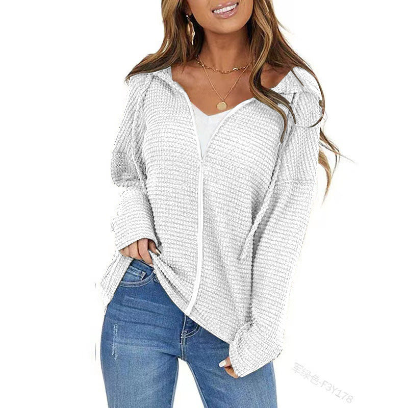 Damen Oversize Waffelstrick-Kapuzenpullover mit Reißverschluss Echoarchiv