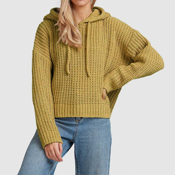 Damen Grobstrick-Kapuzenpullover mit Waffelstruktur, überschnittener Schulter und kurzem Saum Echo Archiv