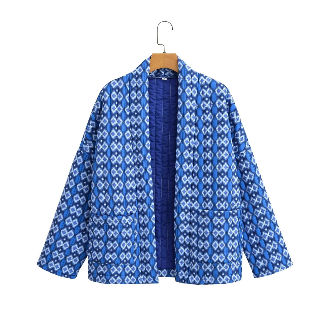 Damen Gemusterte Kimono-Steppjacke mit offener Front und aufgesetzten Taschen Echo Archiv