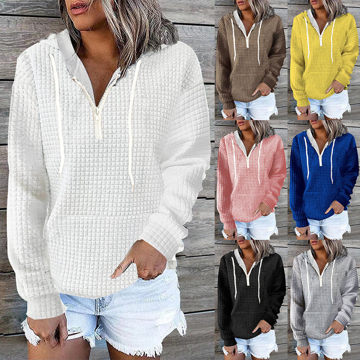 Damen Waffelstruktur Kapuzenpullover mit Halbzip, Kängurutasche und lässigem Oversize‑Schnitt Echoarchiv