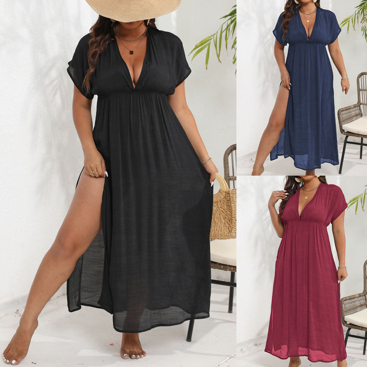 Damen luftiges Maxikleid mit tiefem V-Ausschnitt und seitlichen Schlitzen Echo Archiv