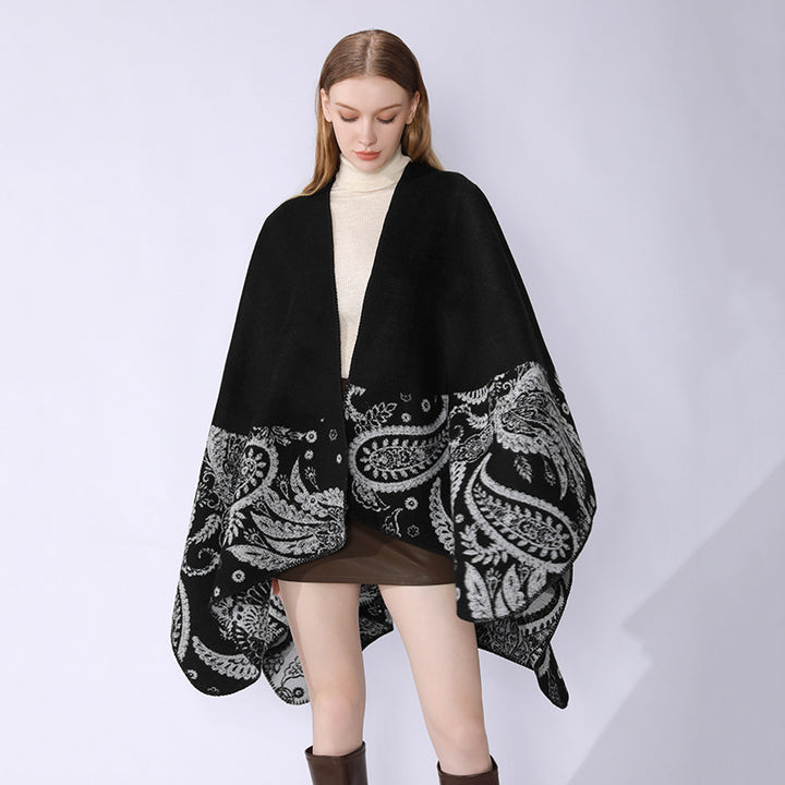 Damen Reversibler Jacquard-Capeponcho aus Wollmix mit Paisley-Motiv und offenem Fall – Montévia