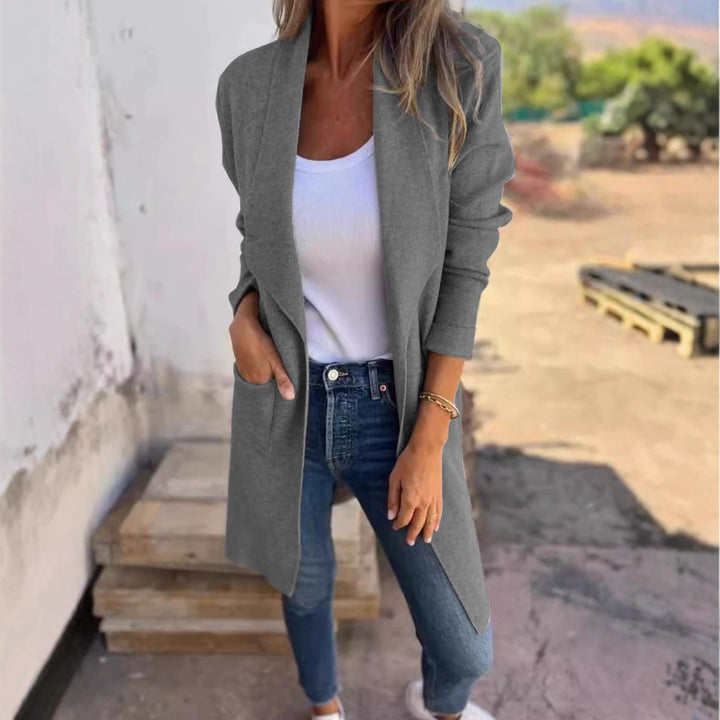 Damen Longline Blazer mit Schalkragen, offenem Schnitt und aufgesetzten Taschen – Valéne