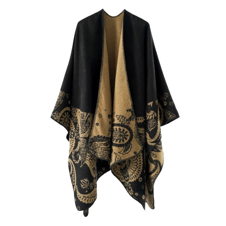 Damen Reversibler Jacquard-Capeponcho aus Wollmix mit Paisley-Motiv und offenem Fall – Montévia