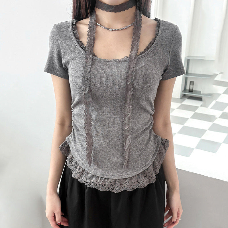 Damen feines Rüschenshirt mit Spaghettiträgern und zartem Spitzenbesatz Echo Archiv