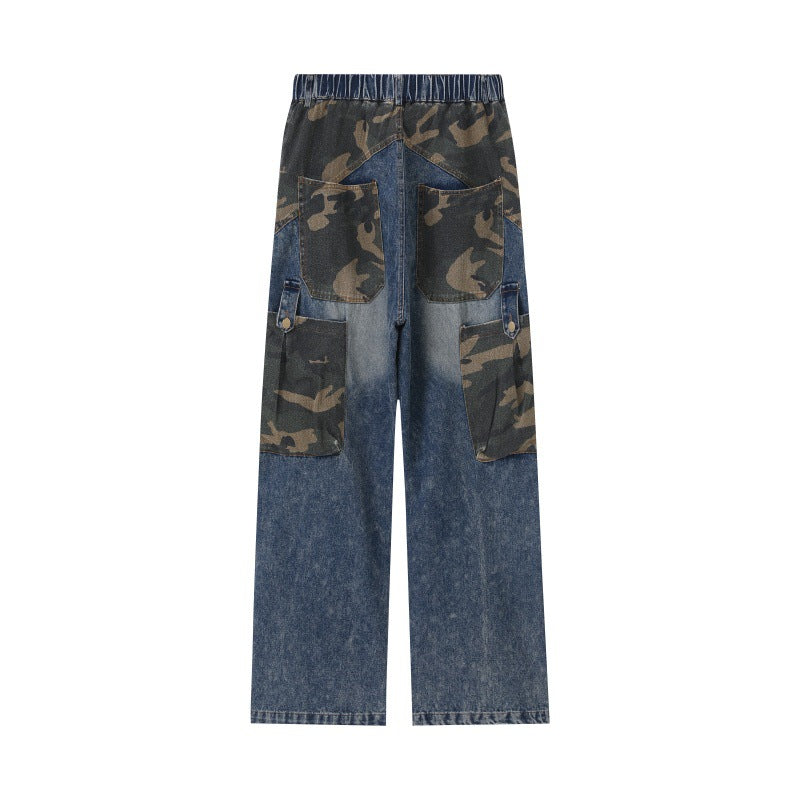 Damen Weite High‑Waist Denim‑Cargohose mit Camouflage‑Einsätzen Echoarchiv
