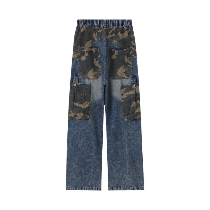 Damen Weite High‑Waist Denim‑Cargohose mit Camouflage‑Einsätzen Echoarchiv
