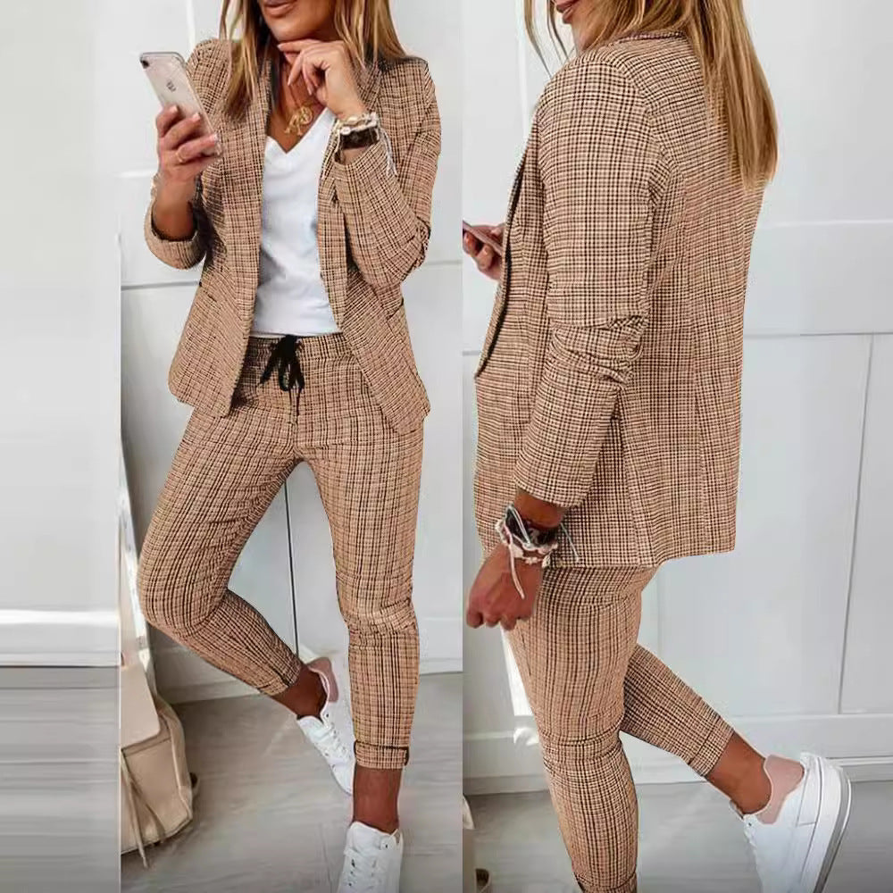 Damen nan zweiteiliges Karomuster Business-Casual Blazer-Set mit elastischer Bundhose Echo Archiv