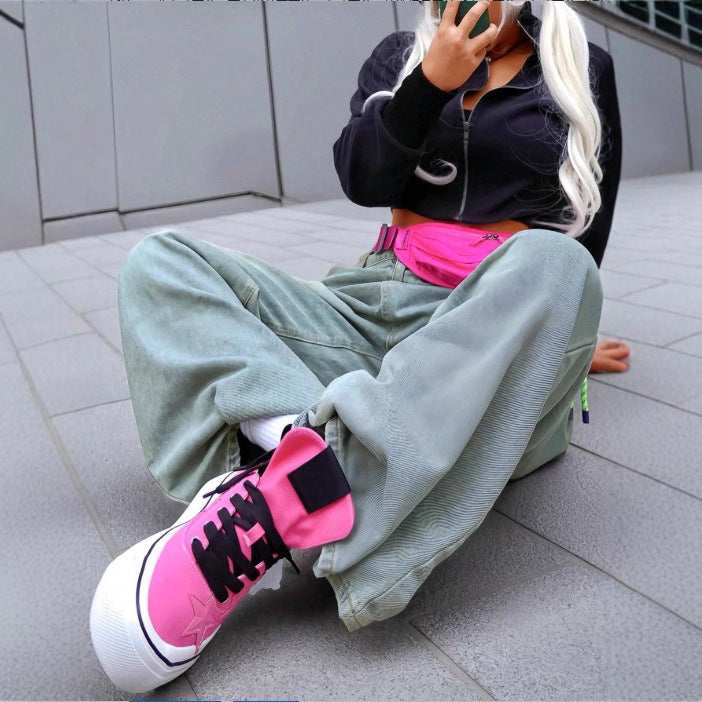 Damen weite High‑Waist Baggy-Jeans mit tiefem Schritt und Vintage-Waschung Echo Archiv