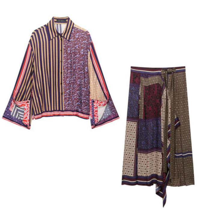 Damen Gemusterte Patchwork‑Bluse mit weitem Glockenärmel und Hemdkragen Echo Archiv