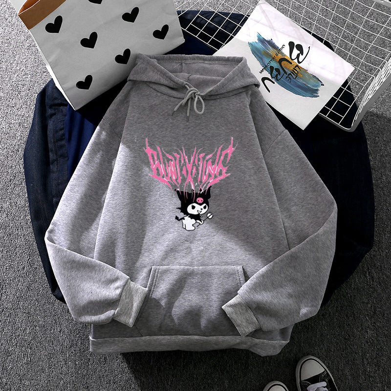 Damen lockeres Kapuzensweatshirt aus angerautem Fleece mit Kängurutasche und kawaii-Charakter-Print – Auréline