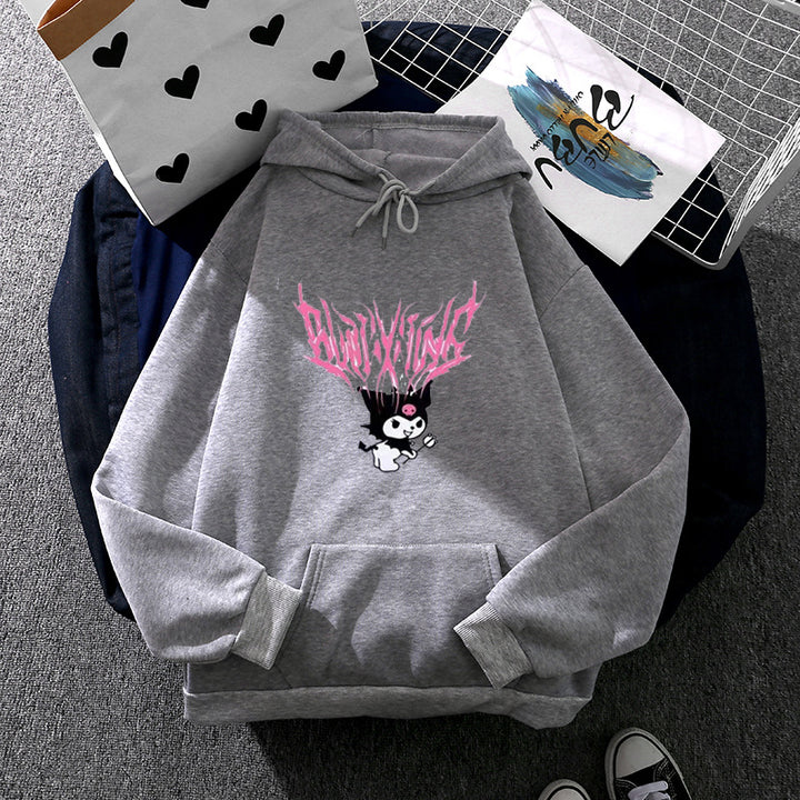 Damen lockeres Kapuzensweatshirt aus angerautem Fleece mit Kängurutasche und kawaii-Charakter-Print – Auréline