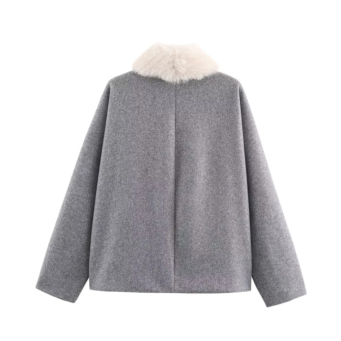 Damen kurz geschnittene kastige Wollmix-Jacke mit abnehmbarem Kunstpelzkragen und Leistentaschen – Célinea