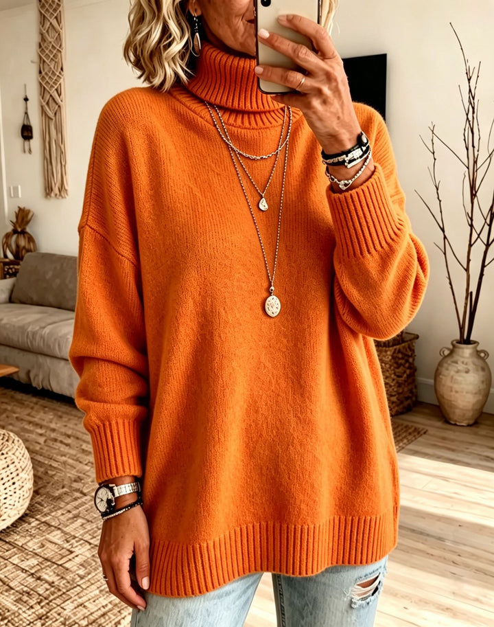 Damen Oversize Rollkragenpullover aus Feinstrick mit gerippten Bündchen und überschnittener Schulter – Mavelle