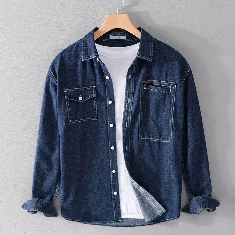 Herren Jeans-Overshirt im Worker-Stil mit doppelten Brusttaschen und kontrastierenden Ziernähten Echoarchiv