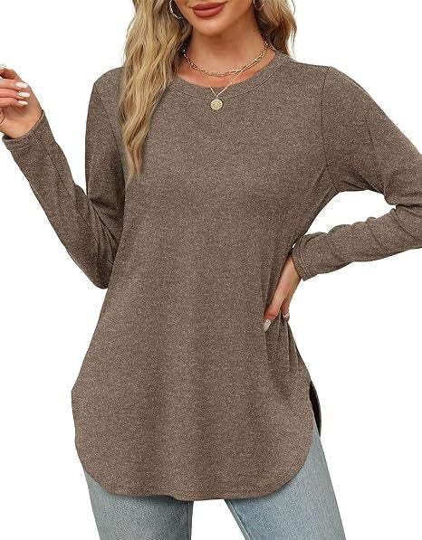 Damen Lässiges Longsleeve-Tunikaoberteil mit Rundhalsausschnitt, Seitenschlitzen und Aquarell-Blattprint Echo Archiv