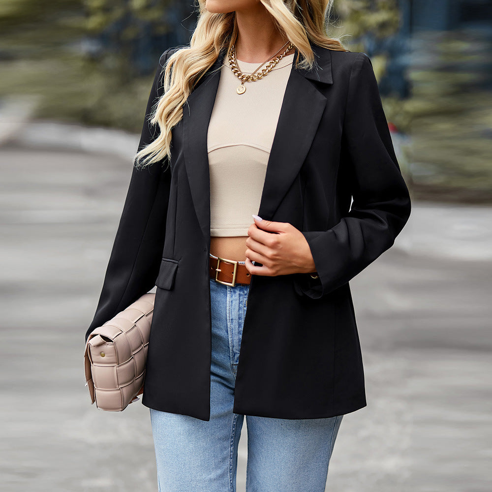Damen leichter Longblazer mit Ein-Knopf‑Verschluss, Pattentaschen und legerer Silhouette – Célinea