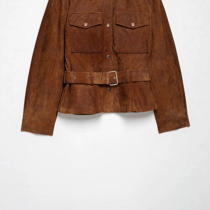 Damen Kurzjacke im Safari‑Stil aus Veloursleder mit Taillengürtel und aufgesetzten Brusttaschen Echoarchiv