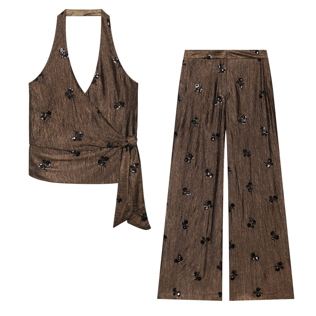 Damen Weite High‑Waist‑Hose mit Crinkle‑Effekt und Paillettenblüten Echoarchiv