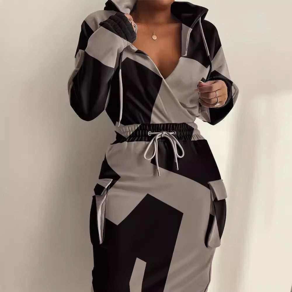 Damen Kapuzen Sweatkleid mit V-Ausschnitt, Kordelzug-Taille und Cargo-Taschen Echoarchiv