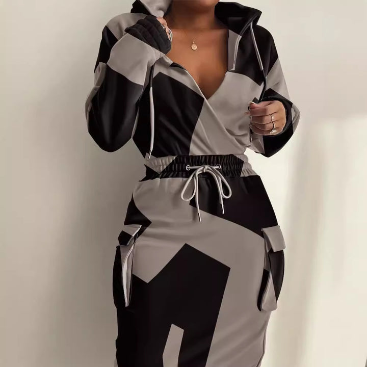 Damen Kapuzen Sweatkleid mit V-Ausschnitt, Kordelzug-Taille und Cargo-Taschen Echoarchiv