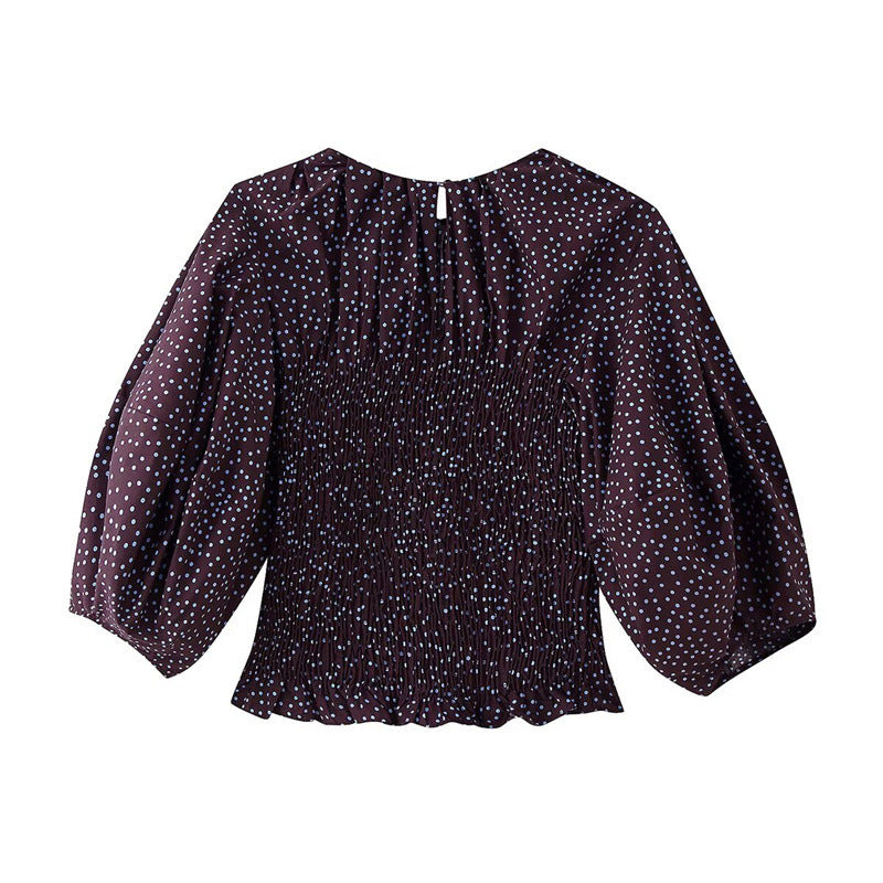 Damen gerafftes Polka‑Dot Oberteil mit elastischem Smock‑Korpus, Ballonärmeln und Volantsaum Echo Archiv