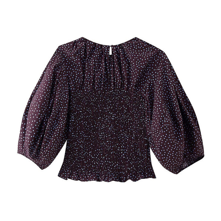 Damen gerafftes Polka‑Dot Oberteil mit elastischem Smock‑Korpus, Ballonärmeln und Volantsaum Echo Archiv